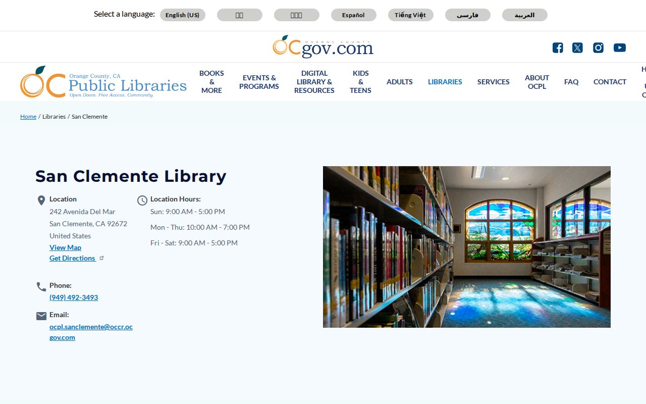 San Clemente city directory library branch hours and local history access