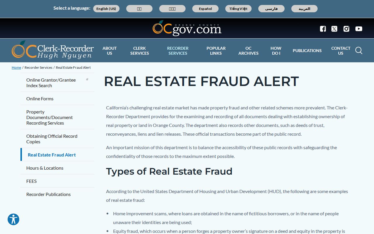 San Clemente previous residents Orange County recorder fraud reporting and public record context