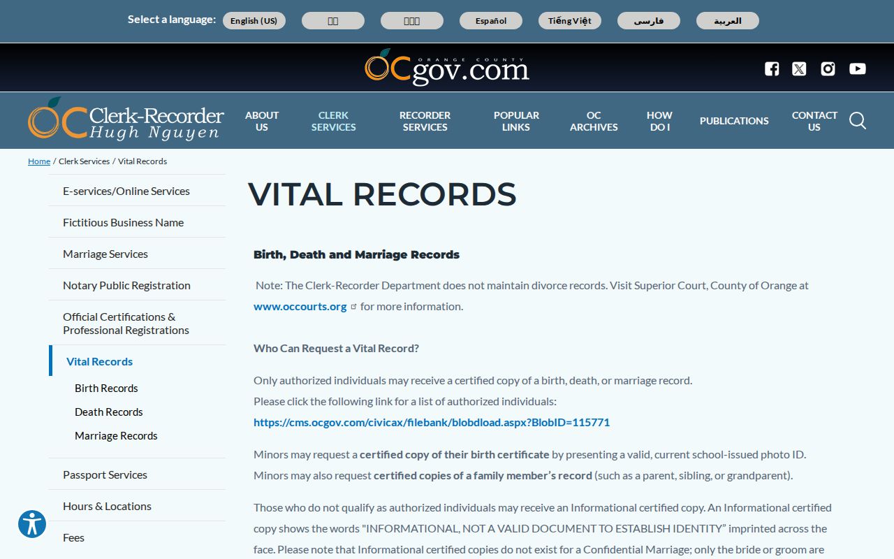 San Clemente resident lookup Orange County vital record eligibility and order channels