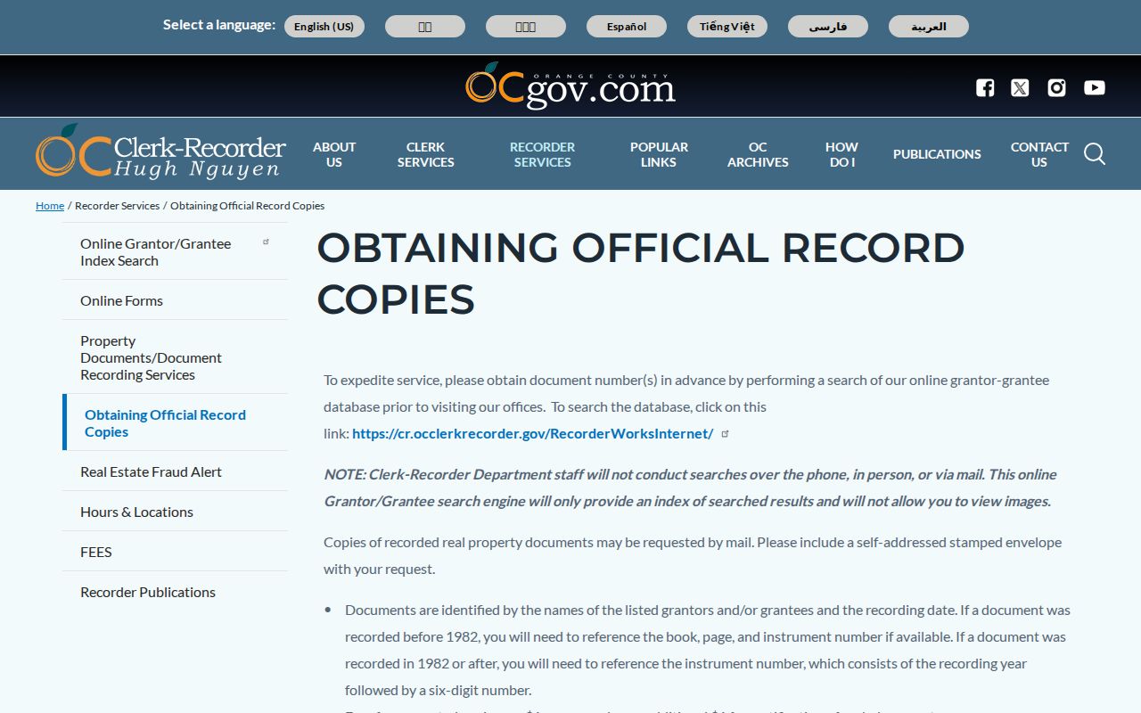 San Clemente resident lookup Orange County grantor grantee index and copy mechanics