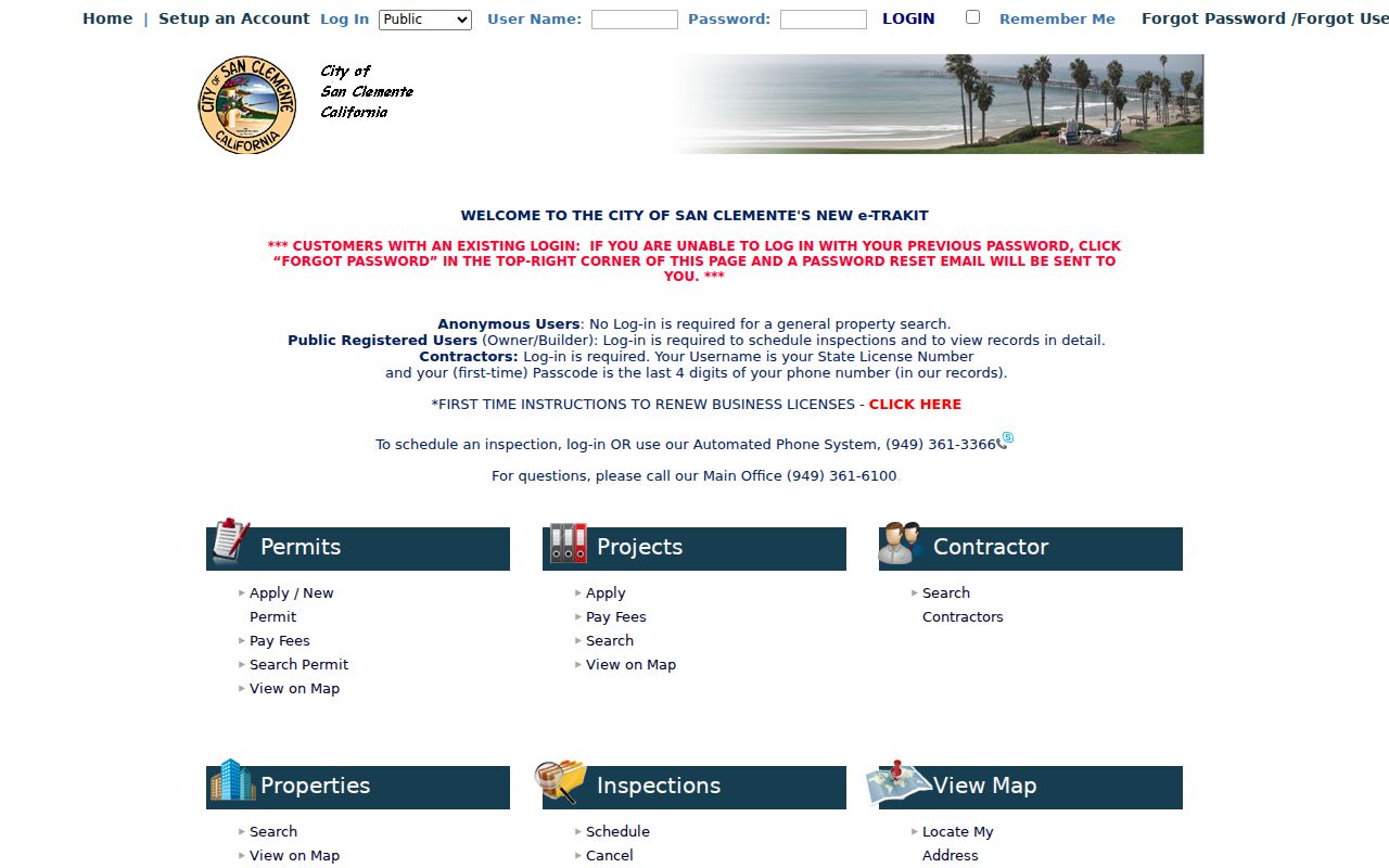 San Clemente street directory eTRAKiT property permit project and map search